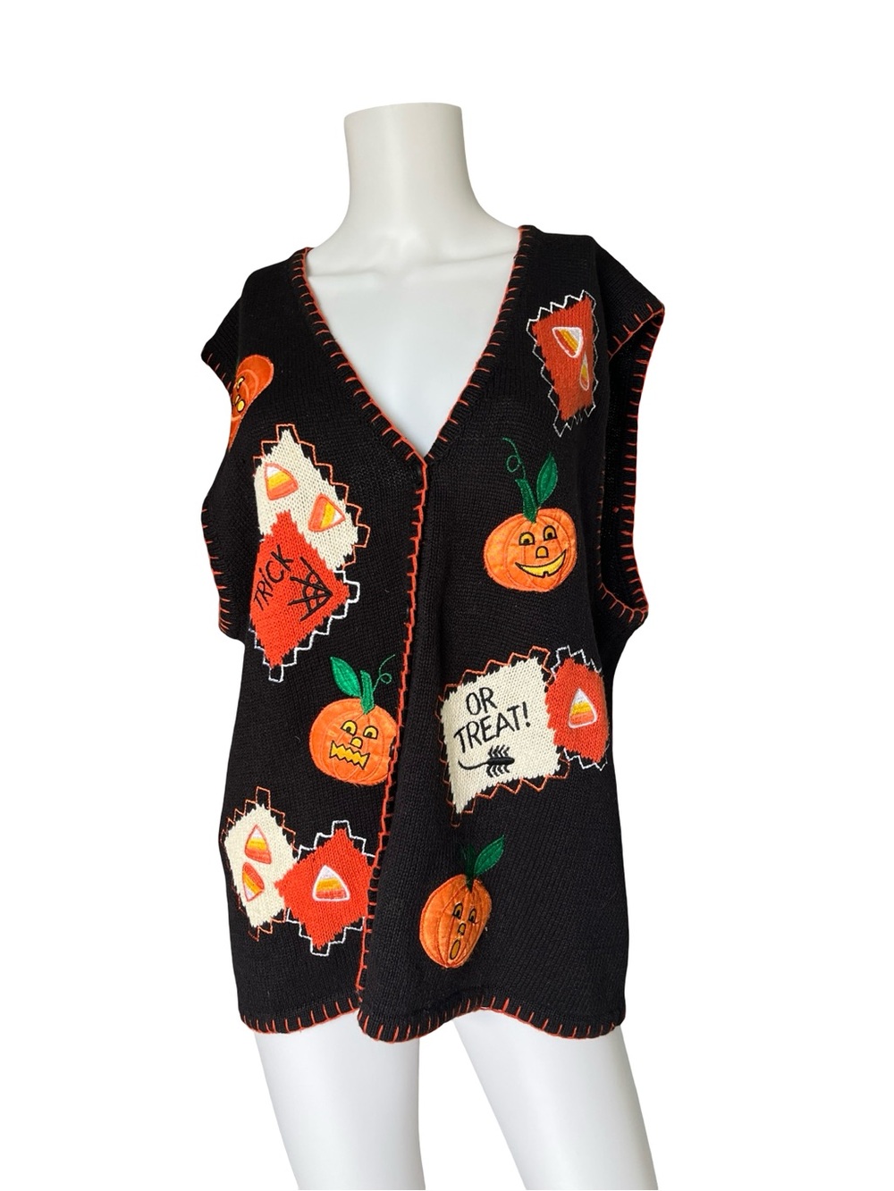 Vintage Halloween Sweater Vest Knit Kitsch Holiday Jack-O-Lantern Candy Corn